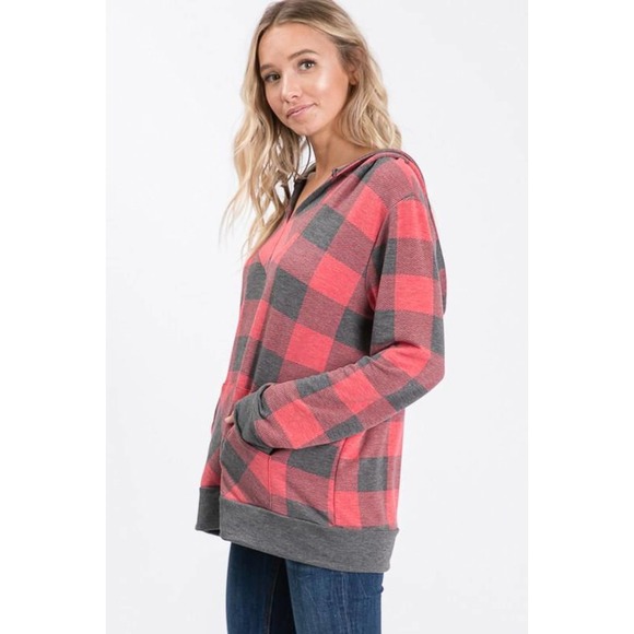 NWT!! Red & Gray Plaid V-Neck Hooded Top - Picture 6 of 9